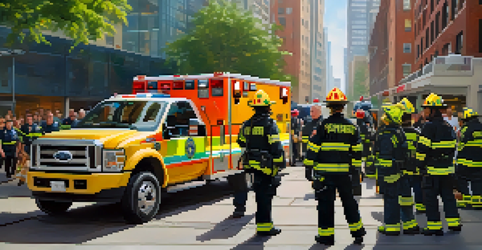 A group of diverse emergency responders discussing protocols in an urban setting, surrounded by buildings and greenery.