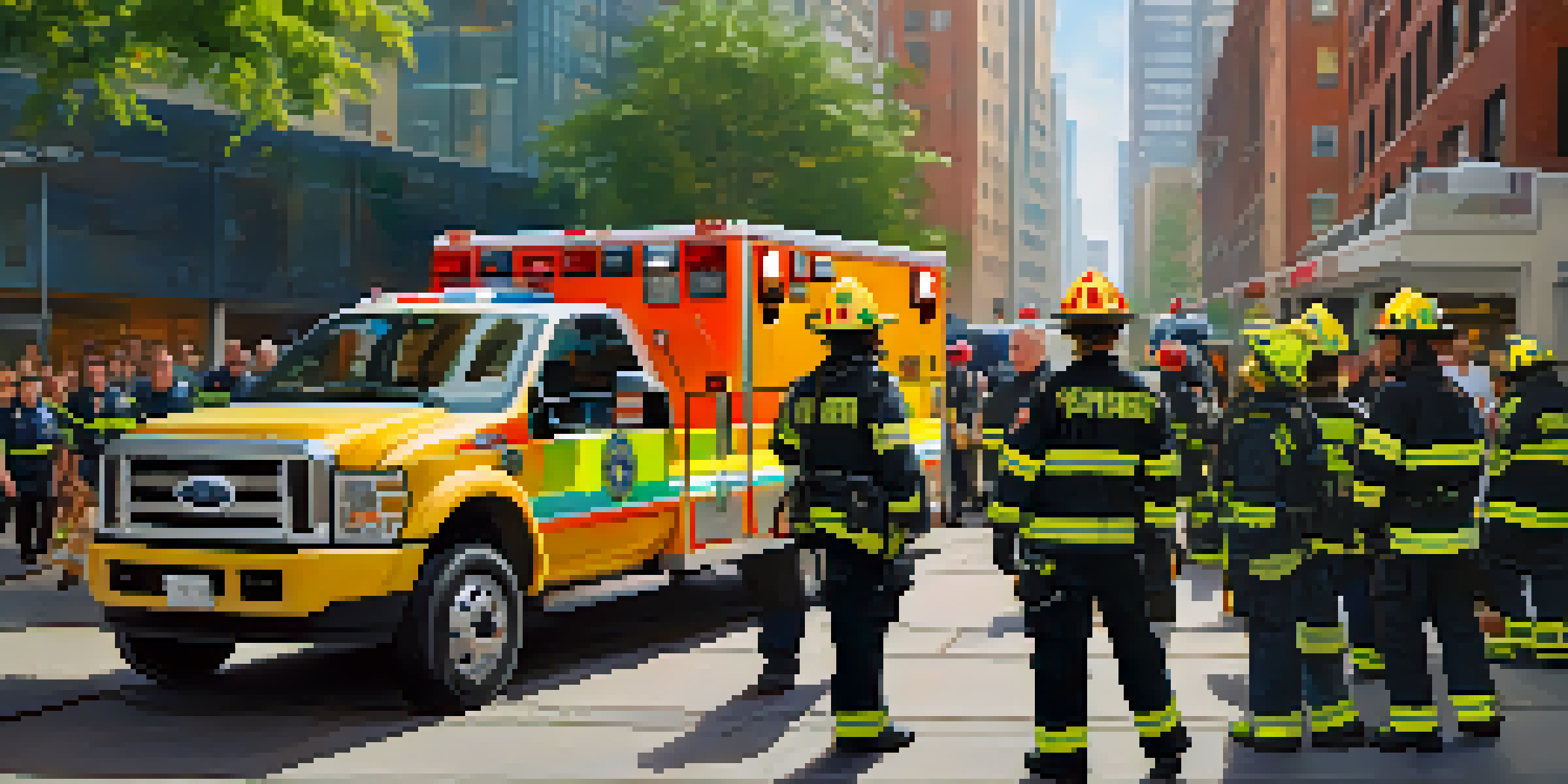 A group of diverse emergency responders discussing protocols in an urban setting, surrounded by buildings and greenery.