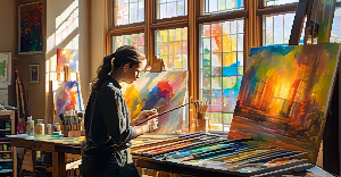 An artist in a bright studio, painting an abstract piece with colorful paints and canvases around them.