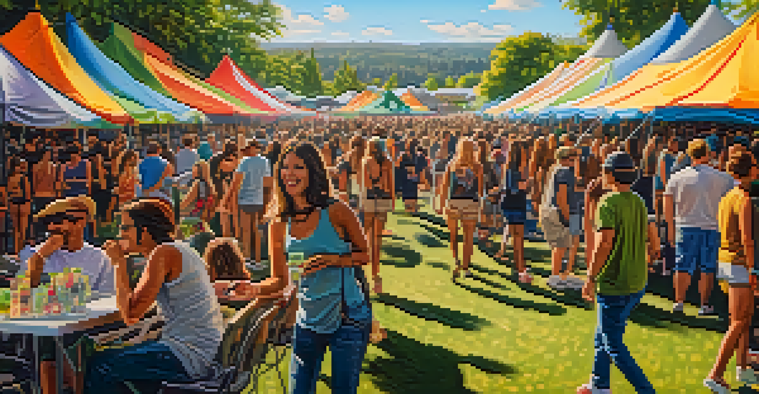 A lively cannabis festival with diverse people enjoying the sun, colorful tents, and a festive atmosphere.