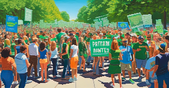 A diverse group of people at an outdoor rally for cannabis legalization, holding colorful signs in a sunny environment.