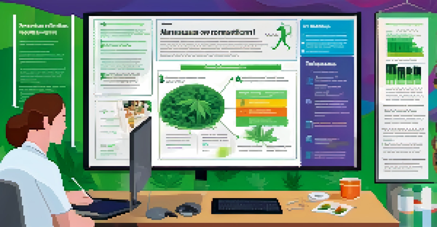 A colorful infographic displayed on a digital screen showing symptoms of marijuana overconsumption, with a participant taking notes in the background.