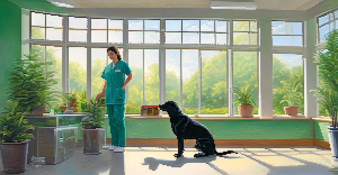 A veterinarian in a bright clinic is examining a calm dog while holding a bottle of CBD oil, with plants and soft pastel colors in the background.