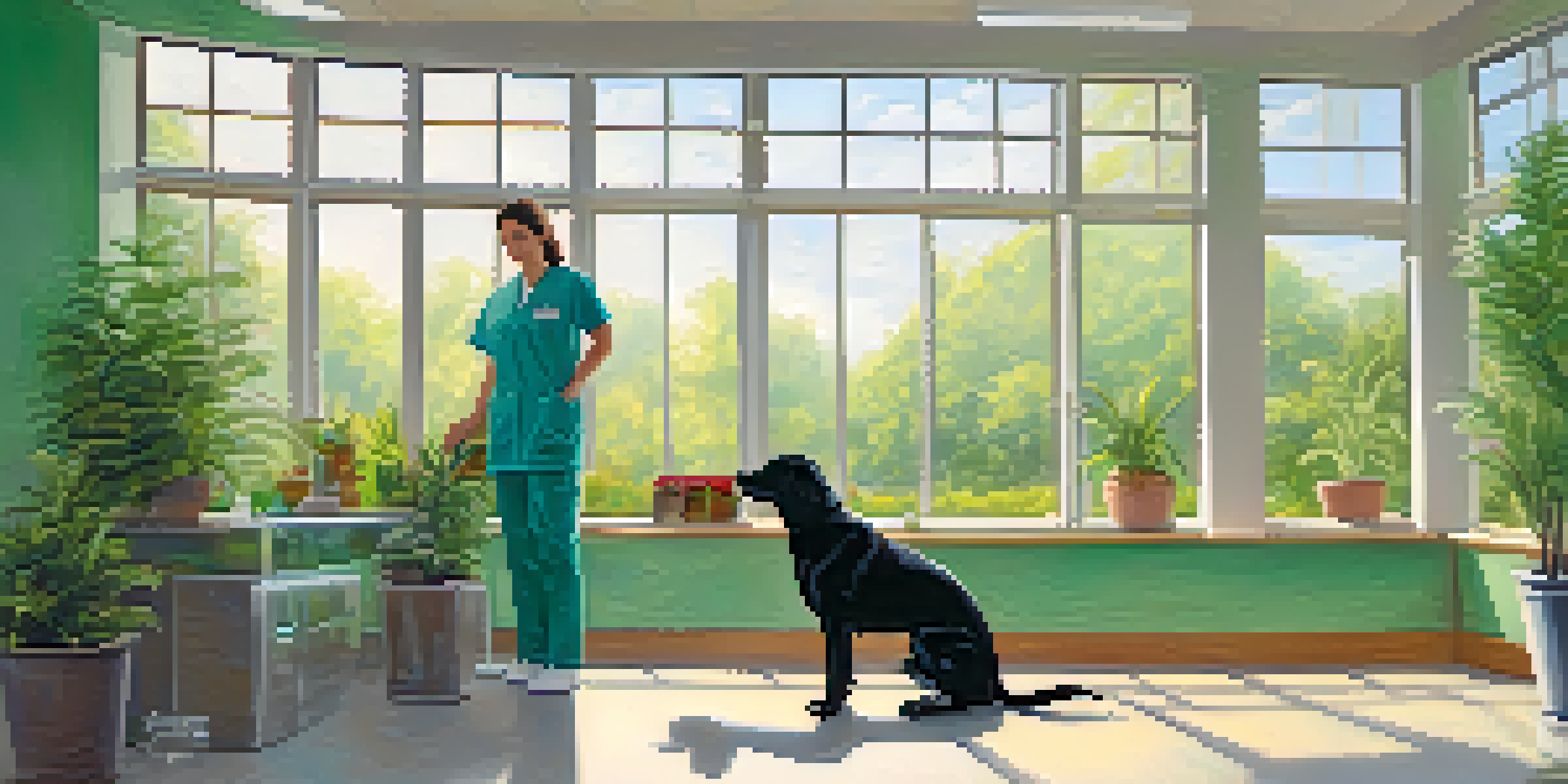 A veterinarian in a bright clinic is examining a calm dog while holding a bottle of CBD oil, with plants and soft pastel colors in the background.