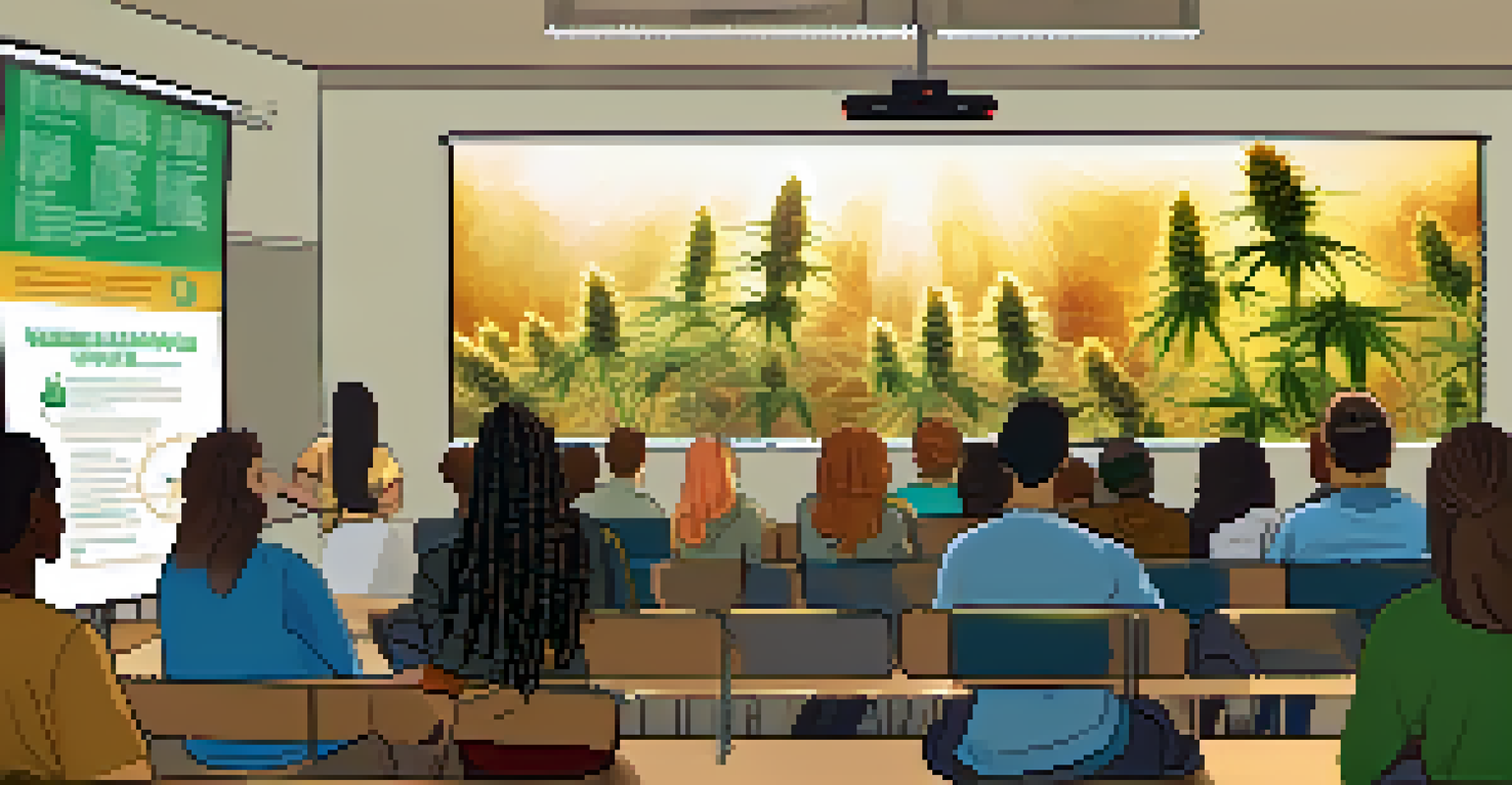 A workshop in a community center where people learn about cannabis, with a speaker and visual aids in the background.