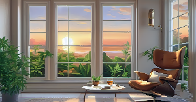 A cozy room with a chair, a cannabis plant on a table, and a sunset view from the window.