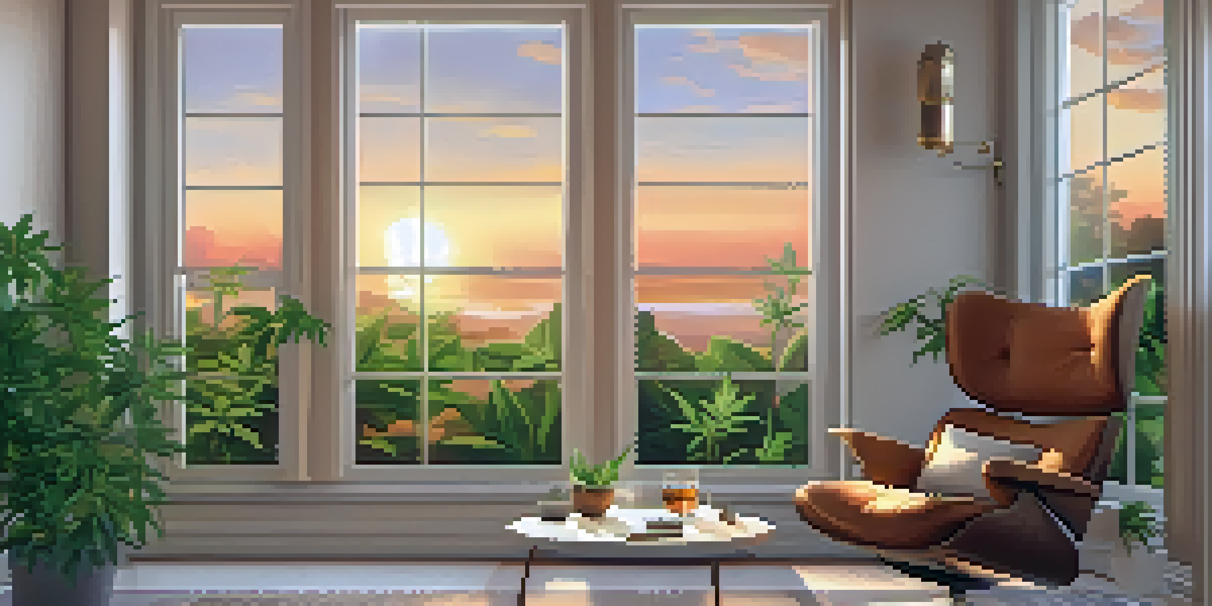 A cozy room with a chair, a cannabis plant on a table, and a sunset view from the window.