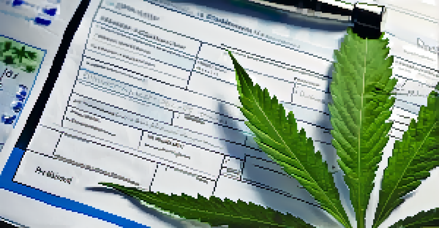A healthcare professional's hands holding a prescription pad with a cannabis leaf design in a clinic setting.