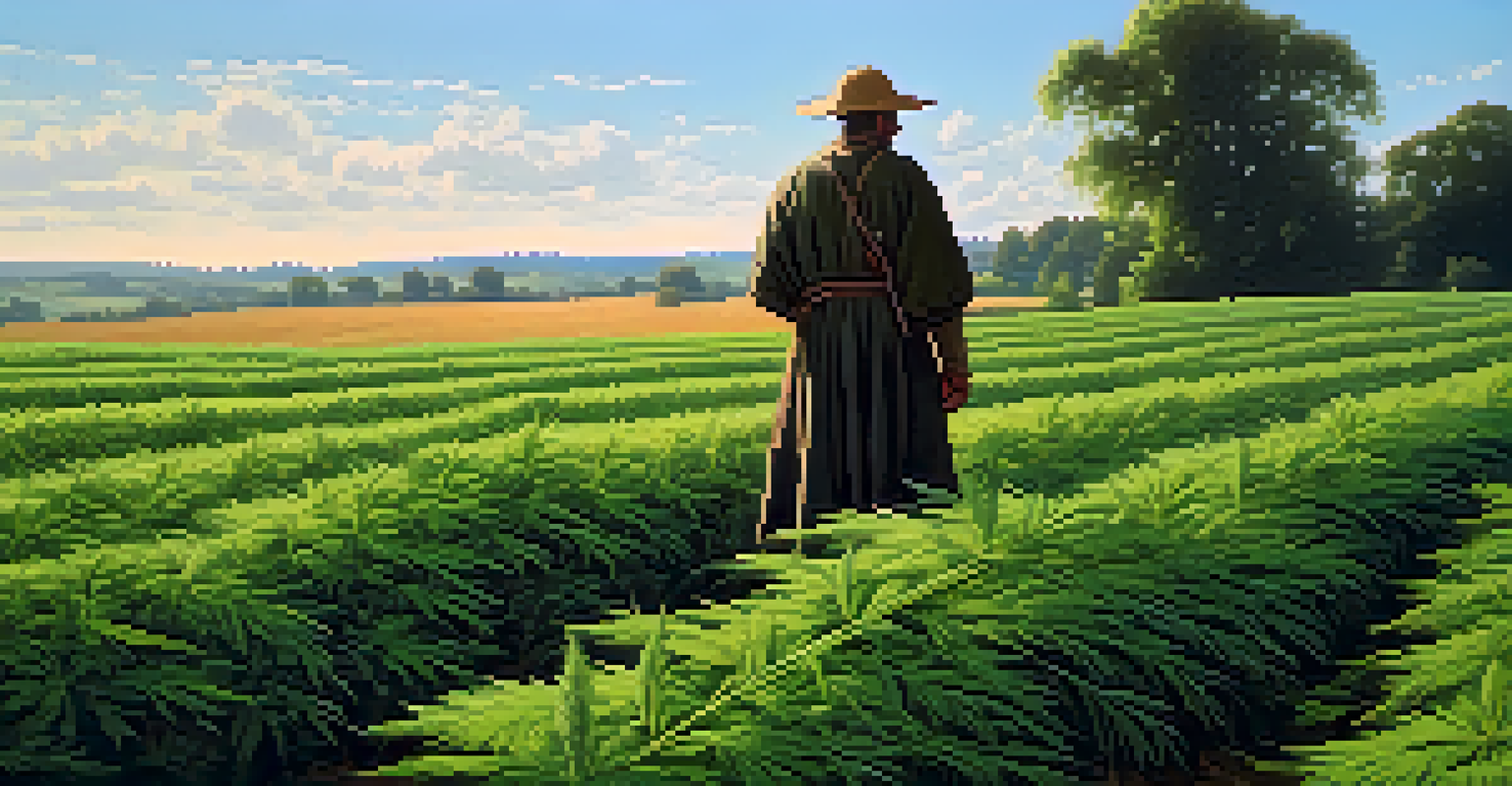 A medieval farmer working in a vibrant hemp field with a clear blue sky above, showcasing the agricultural importance of hemp.