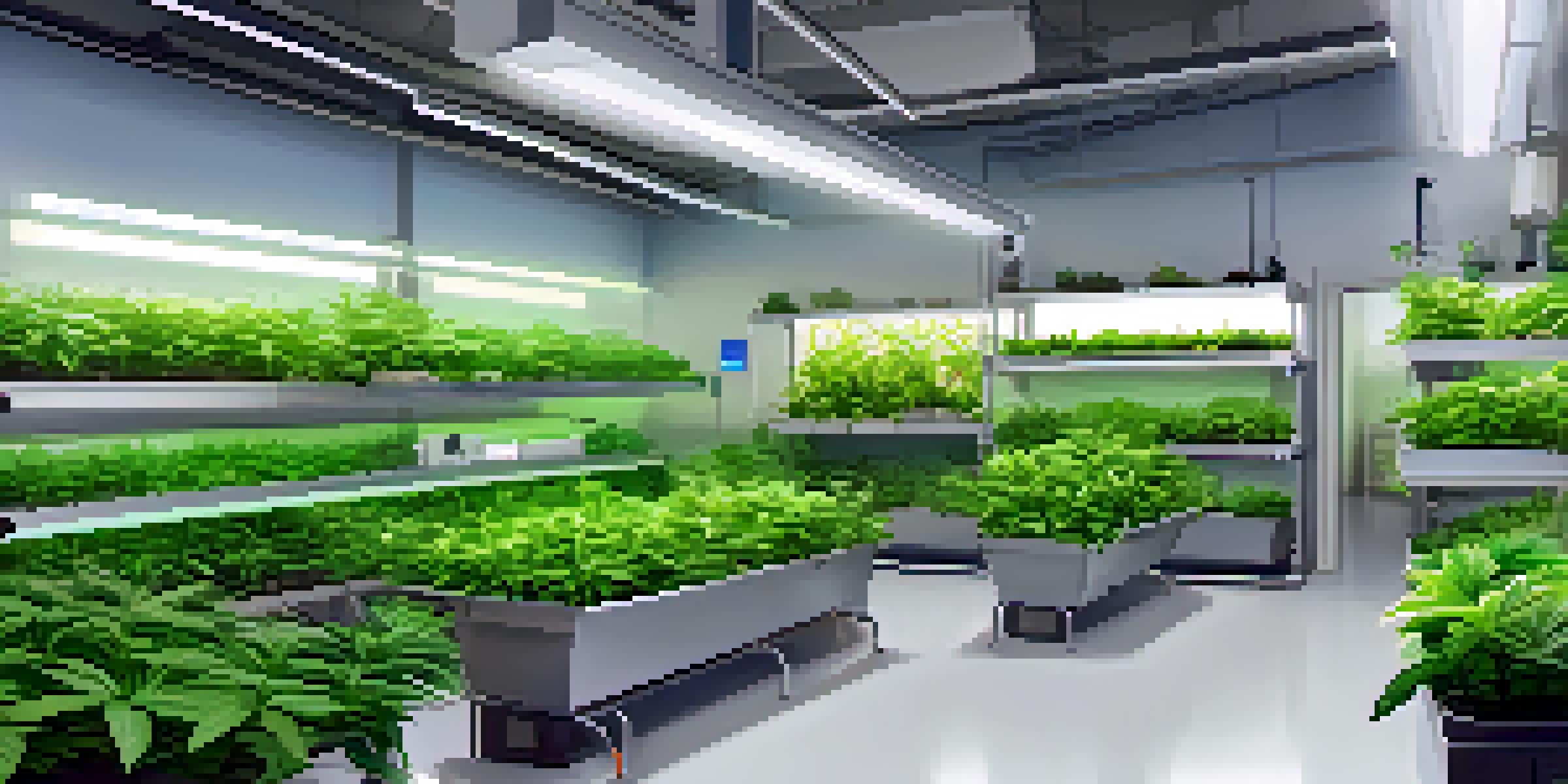 An indoor marijuana cultivation area with healthy green plants, LED lights, and gardening tools.