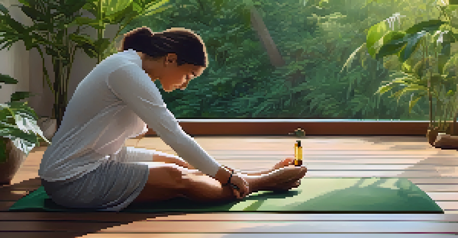A person practicing yoga outdoors on a mat, with a bottle of CBD oil nearby, surrounded by greenery and soft morning light.