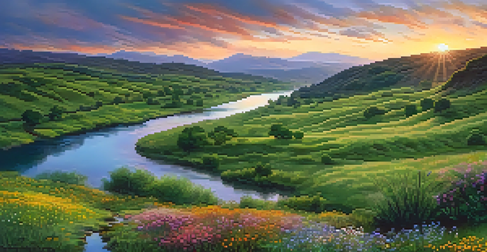 A peaceful sunset over a green valley with wildflowers and a river.
