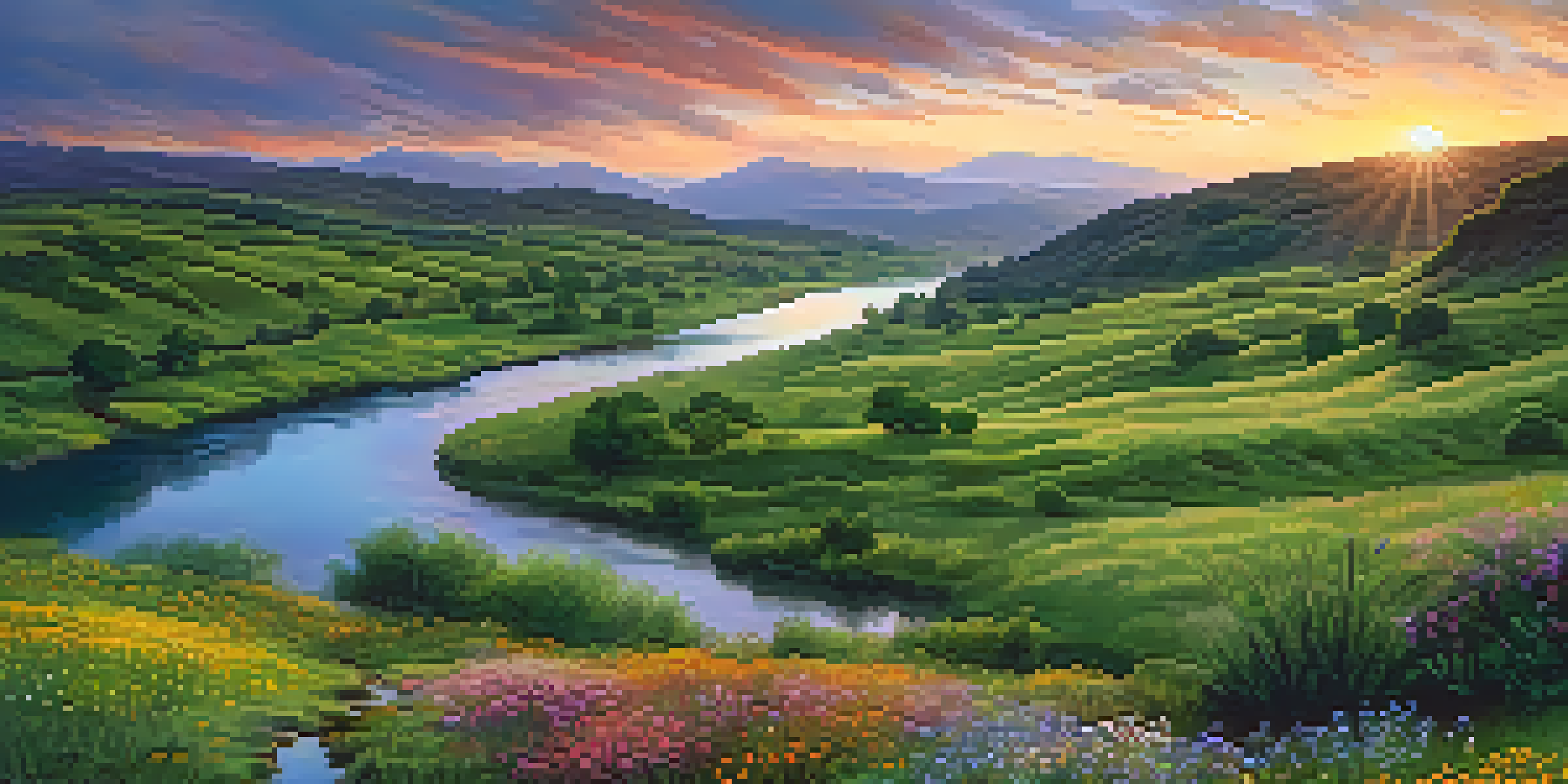 A peaceful sunset over a green valley with wildflowers and a river.