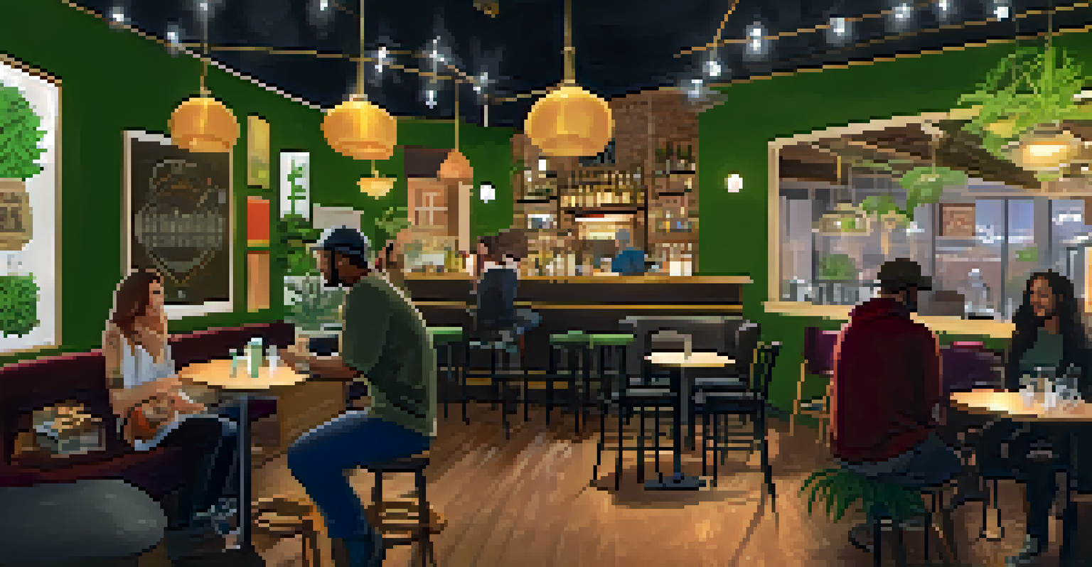 A cozy cannabis cafe interior with patrons enjoying cannabis and a musician performing in the background.