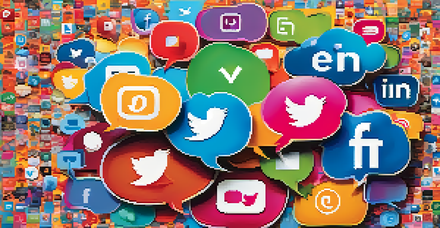 A colorful representation of social media icons with speech bubbles containing keywords about marijuana and mental health discussions.