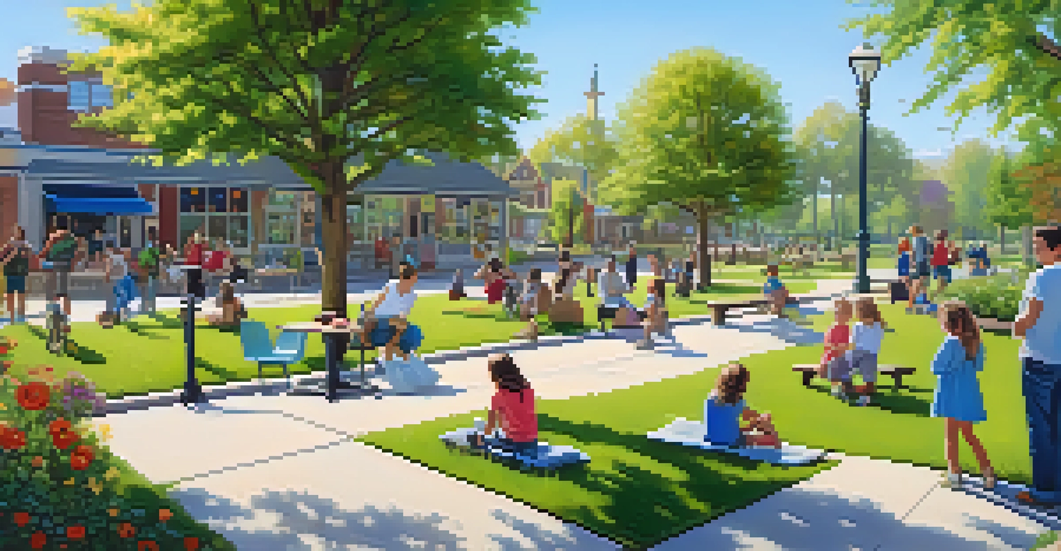 A peaceful community park with families enjoying the day, a cannabis dispensary in the background, and vibrant flowers and trees surrounding the scene.