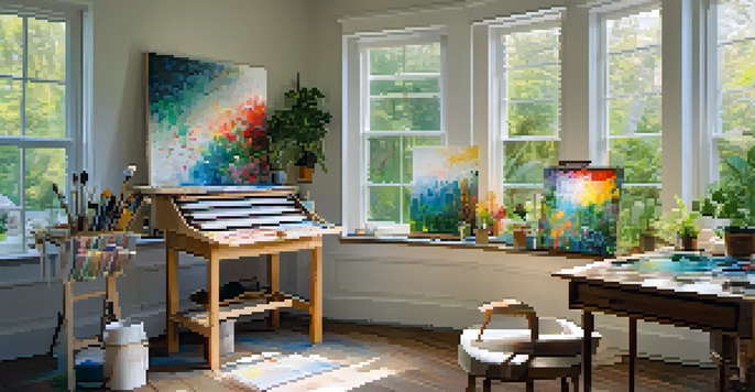 An artist's studio filled with natural light, colorful abstract art on a canvas, and various art supplies, with a view of a lush garden outside.