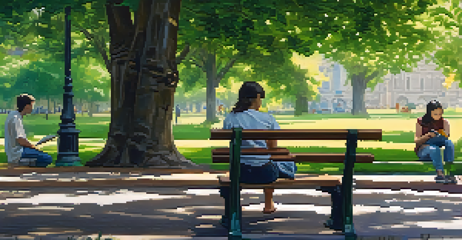 A young person on a park bench holding a journal, surrounded by greenery, reflecting thoughtfully while friends chat in the background.