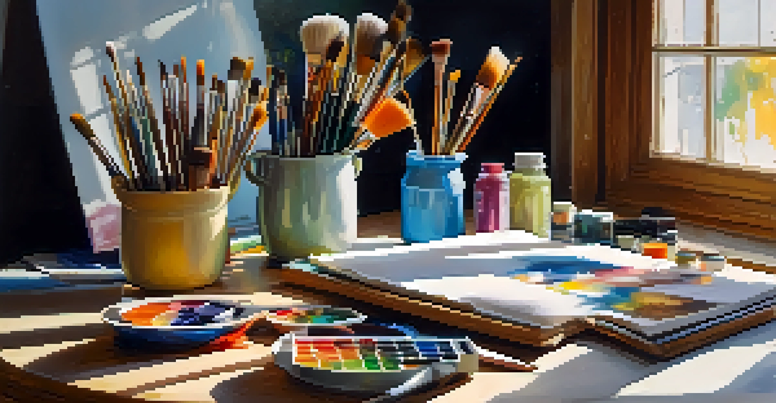 An abstract view of artistic tools on a wooden table, with colorful paints and brushes.