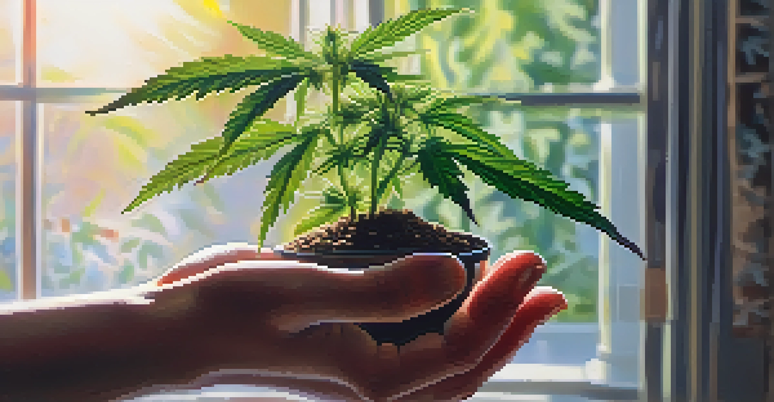 A close-up of a hand holding a cannabis plant with green leaves, illuminated by soft sunlight in a cozy indoor space.