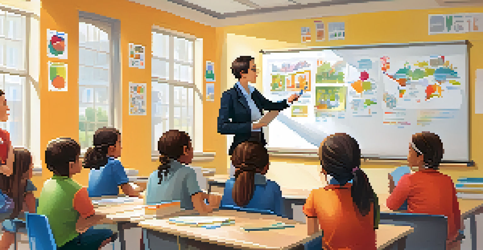 A classroom scene where a teacher discusses peer pressure with engaged students, promoting healthy choices.