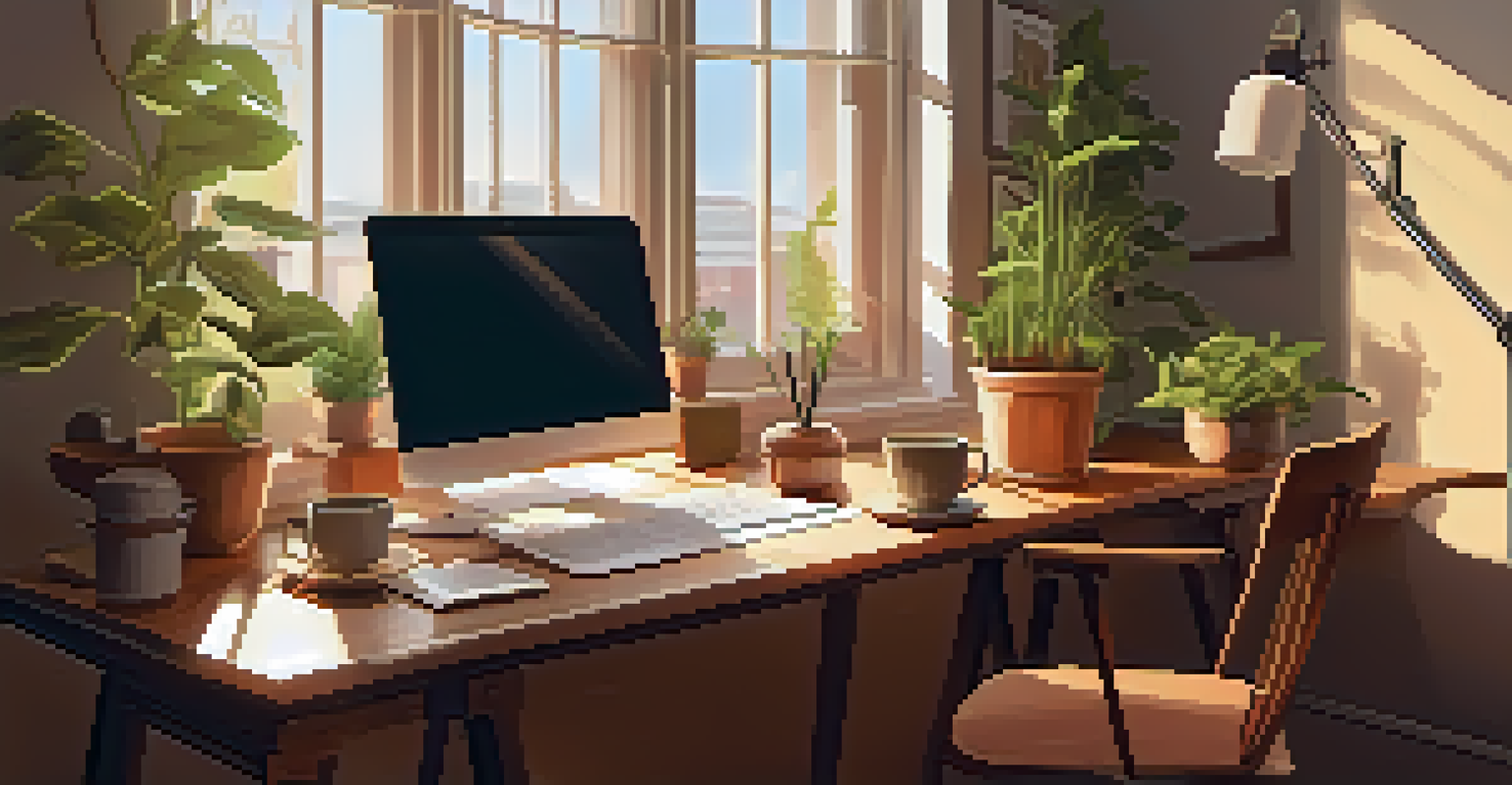 A warm and inviting home office space with plants, a laptop, and sunlight streaming through a window.