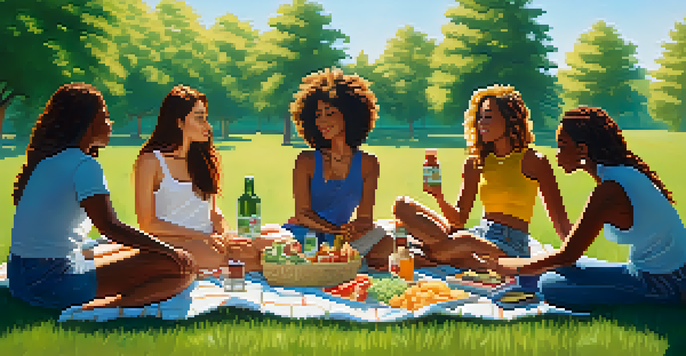 A diverse group of women sitting in a park, enjoying a picnic and discussing cannabis, surrounded by green trees and colorful flowers.