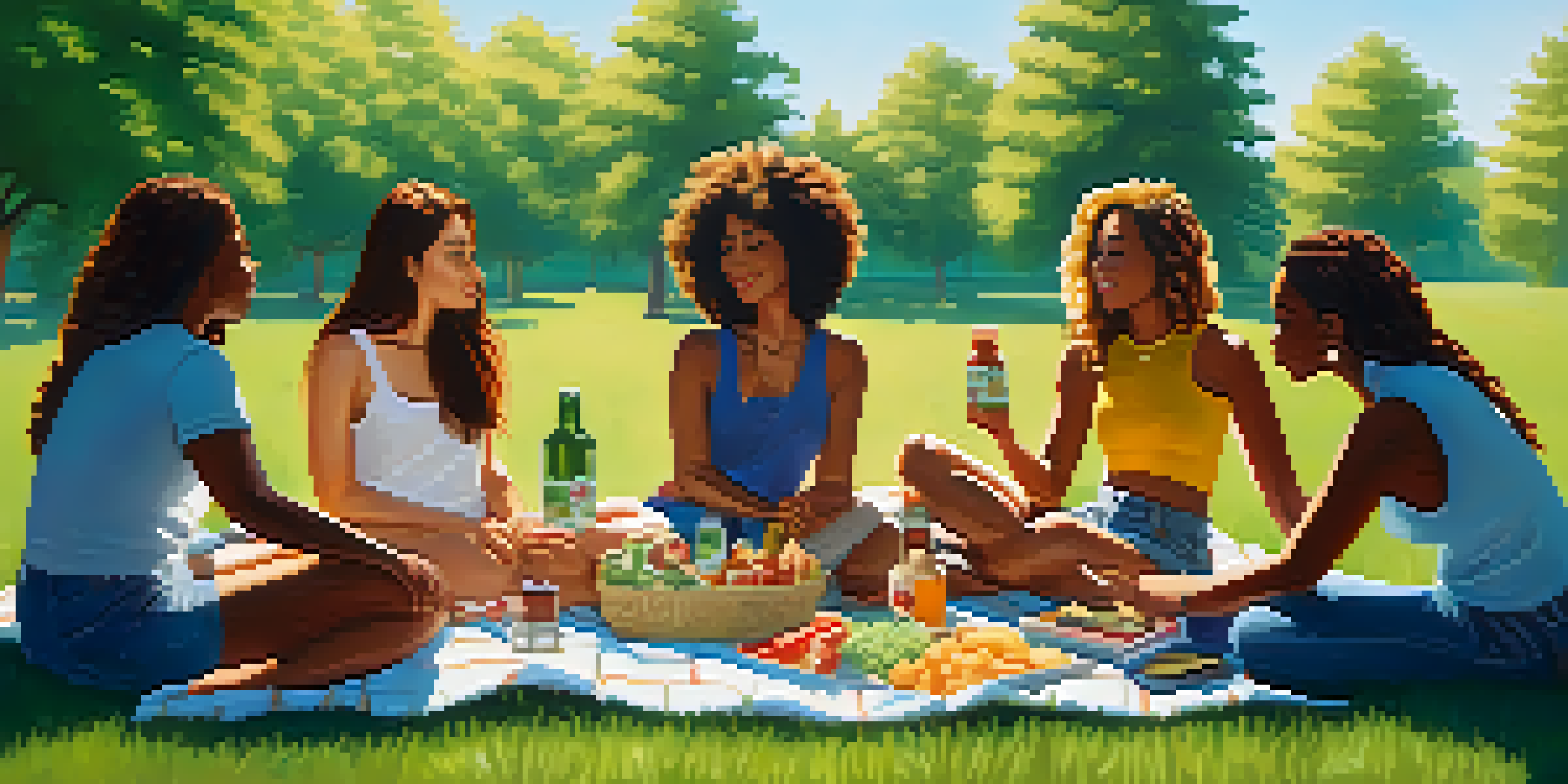 A diverse group of women sitting in a park, enjoying a picnic and discussing cannabis, surrounded by green trees and colorful flowers.