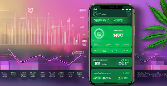 A smartphone screen showing a cannabis monitoring app with features like dosage tracking and symptom logging, set against a softly blurred background.