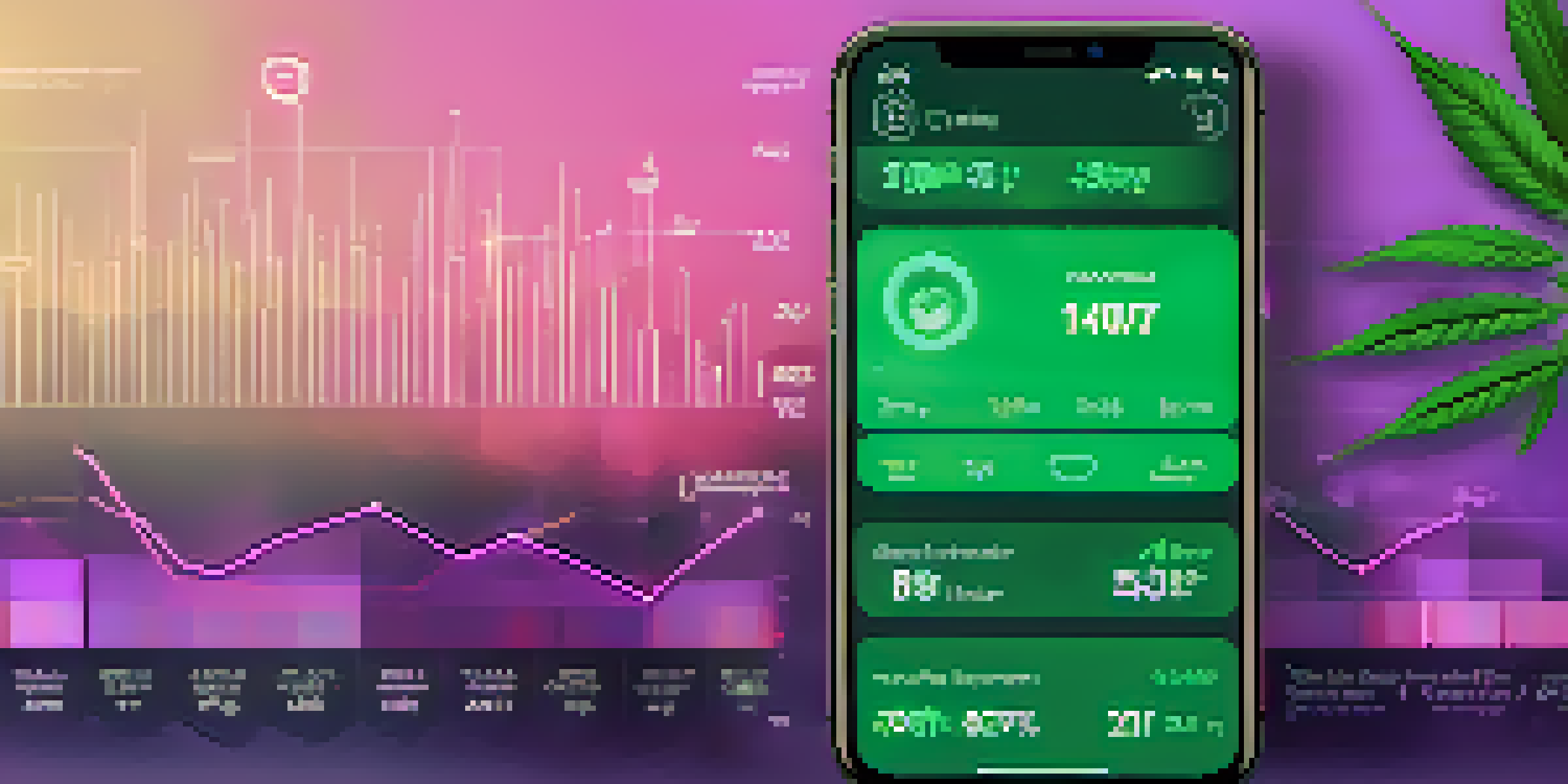 A smartphone screen showing a cannabis monitoring app with features like dosage tracking and symptom logging, set against a softly blurred background.