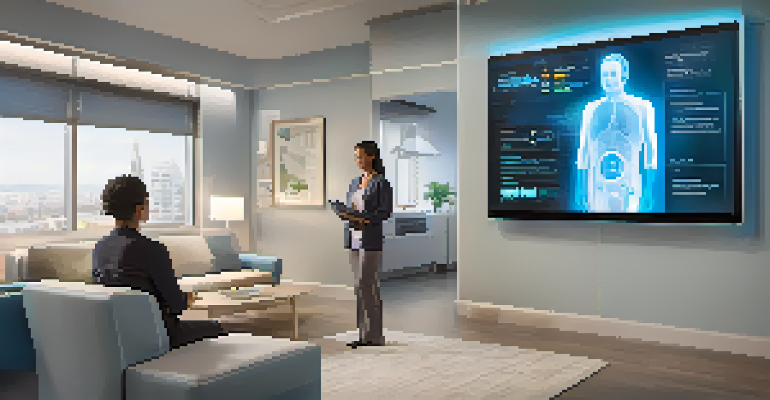 A tablet displaying a virtual telehealth consultation in a modern living room, showing health data and a healthcare provider.