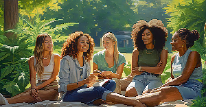 A diverse group of women in a park discussing cannabis, surrounded by greenery and sunlight.