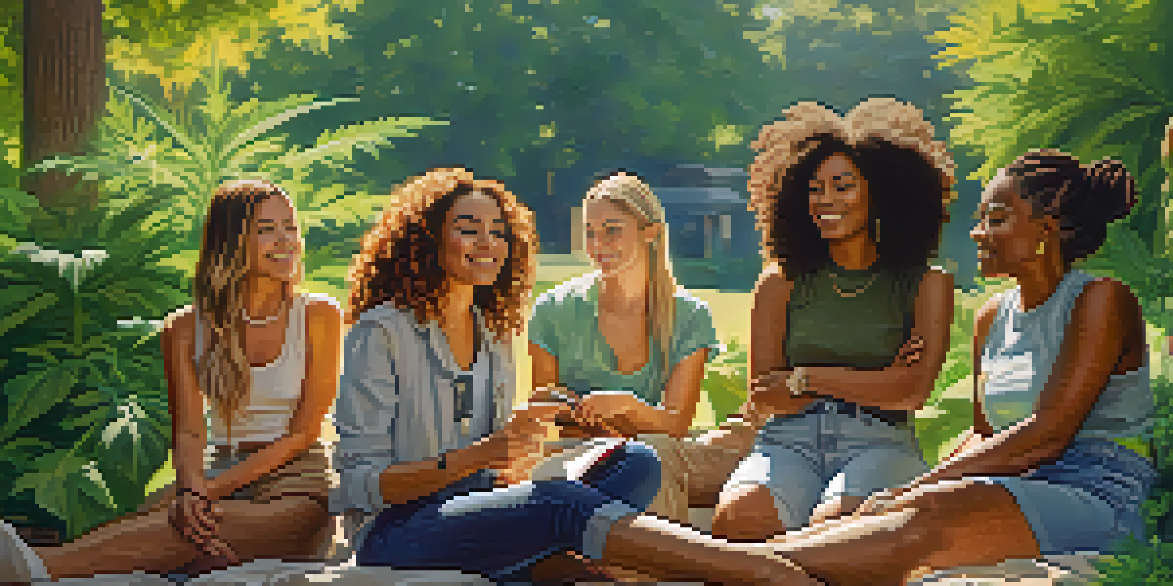 A diverse group of women in a park discussing cannabis, surrounded by greenery and sunlight.
