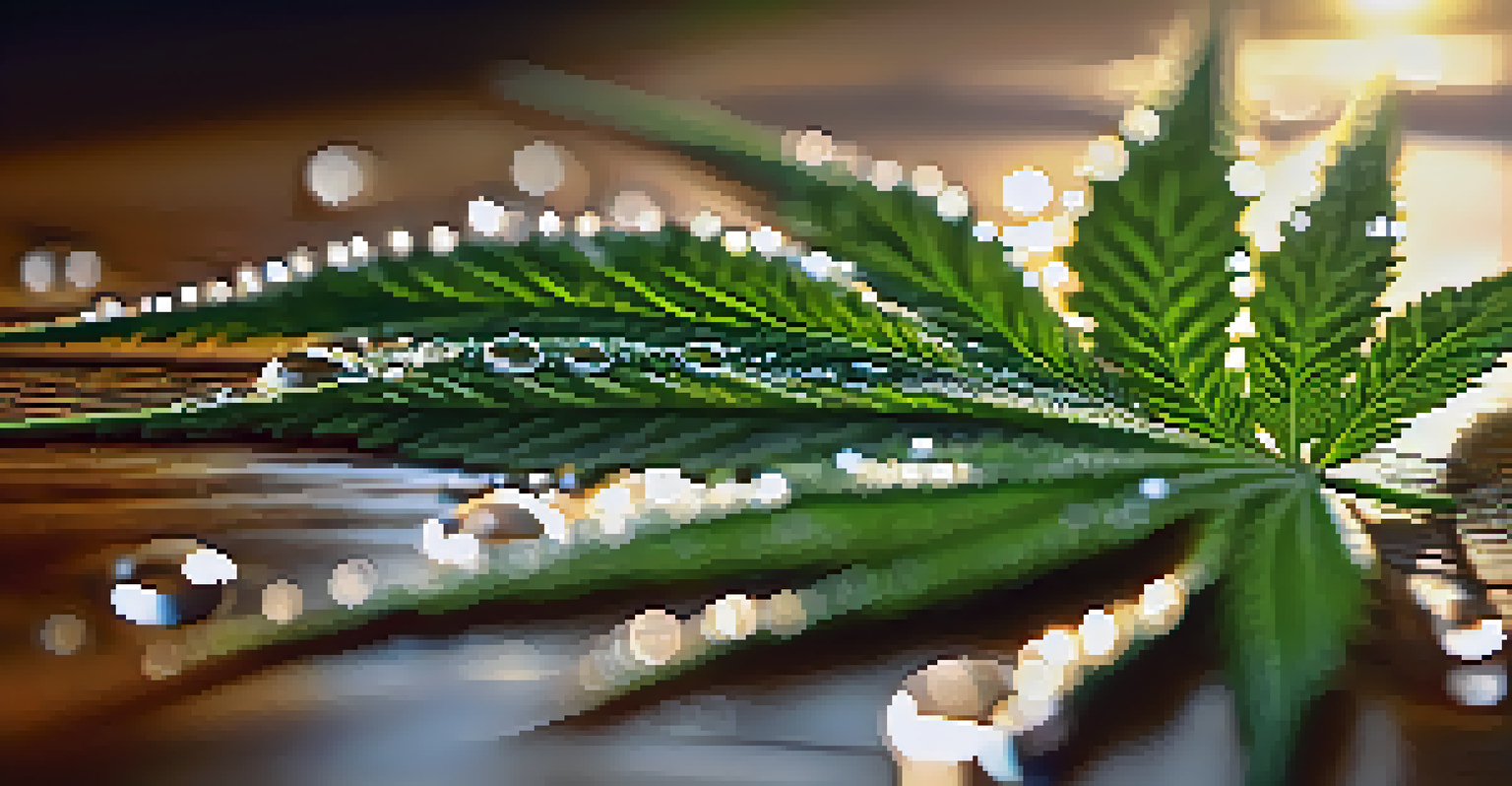 A close-up of a cannabis leaf with dewdrops on a wooden table, with soft lighting in the background.