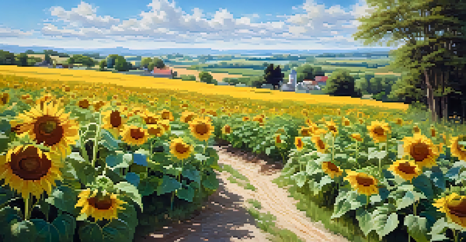 A peaceful landscape of rolling hills with a field of sunflowers and a clear blue sky.