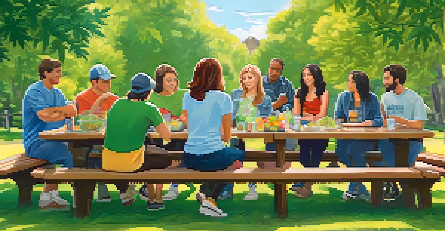 A park workshop on responsible marijuana use, with adults gathered around a picnic table, surrounded by greenery and colorful flowers.