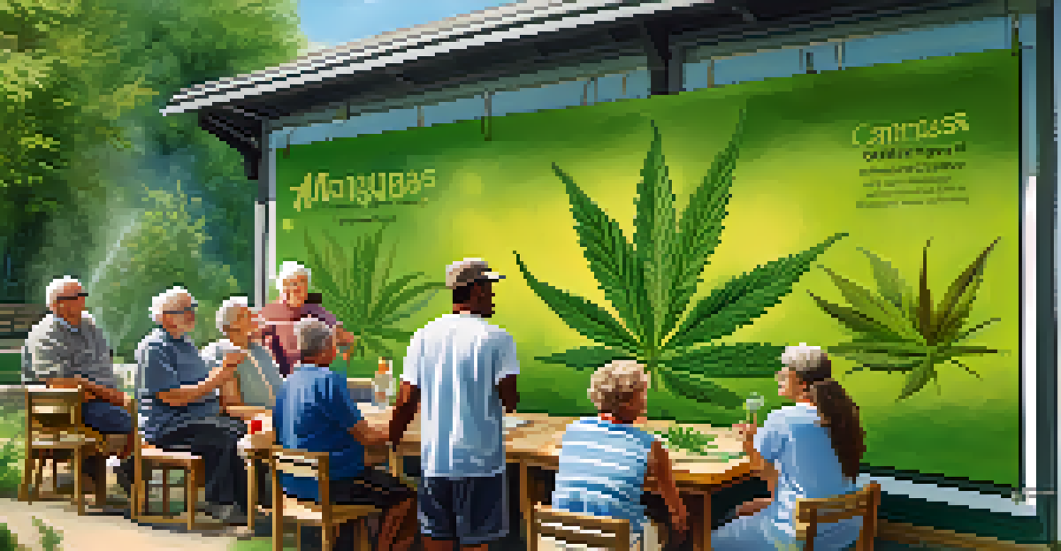 Seniors participating in a community workshop discussing marijuana health benefits in an outdoor setting.