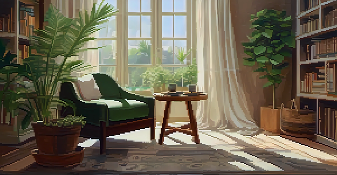 A cozy reading nook with sunlight, a comfortable chair, plants, a book, and a cup of tea.