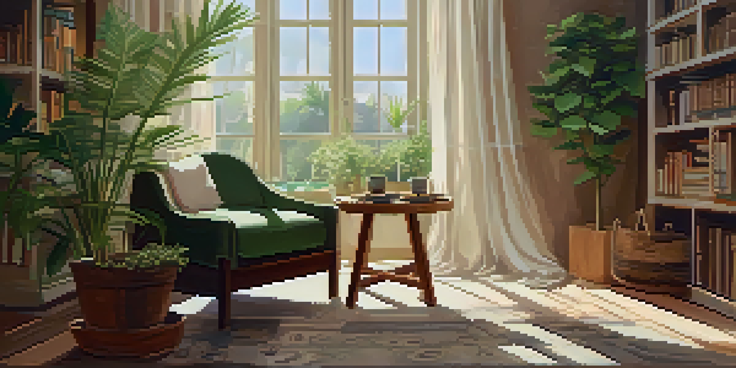 A cozy reading nook with sunlight, a comfortable chair, plants, a book, and a cup of tea.