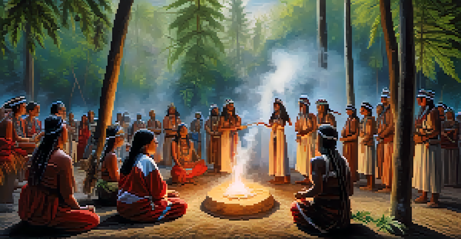 An indigenous spiritual ceremony involving cannabis, with participants in traditional attire dancing and chanting under a canopy of trees.