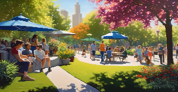 A lively park with people of different backgrounds enjoying the outdoors, featuring a designated marijuana consumption area surrounded by greenery.