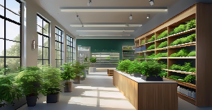 A modern medical marijuana dispensary with wooden shelves displaying cannabis products and patients interacting with staff in a calm environment.