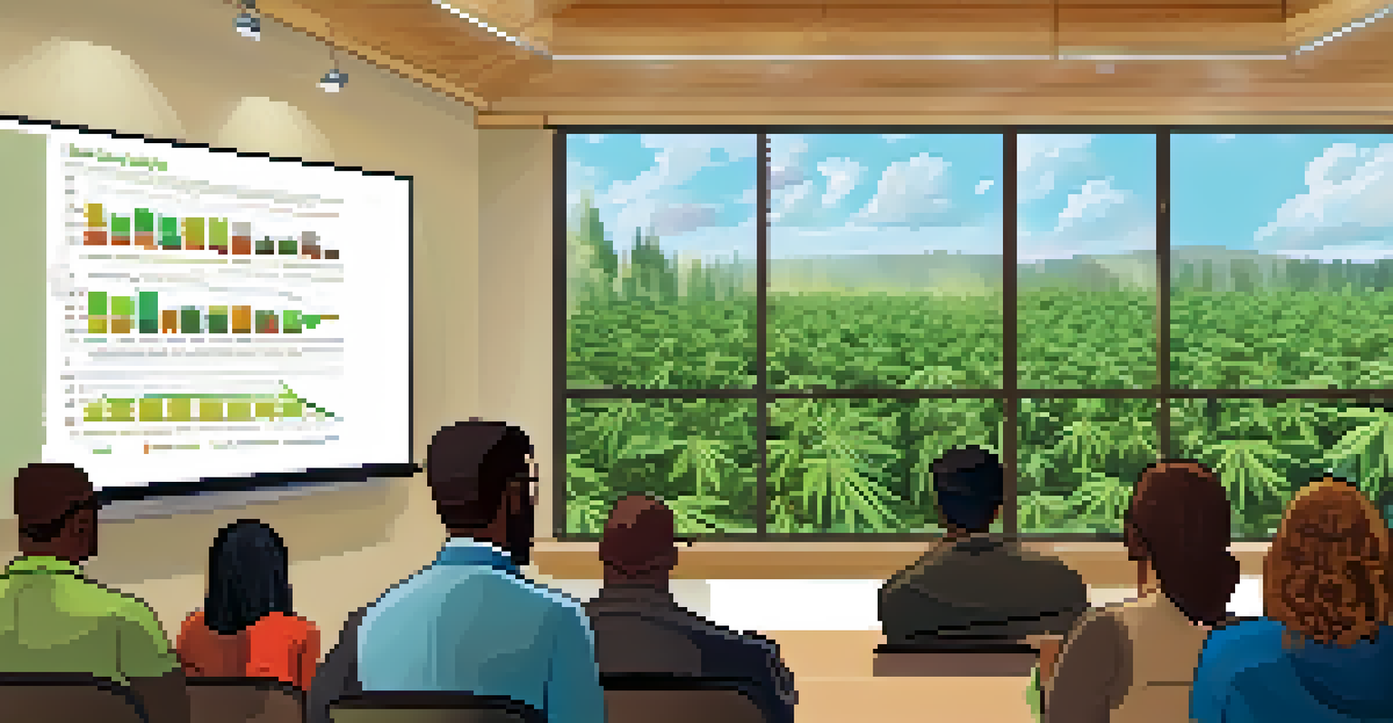 A seminar on marijuana legalization with attendees listening to a speaker in a bright conference room filled with charts.