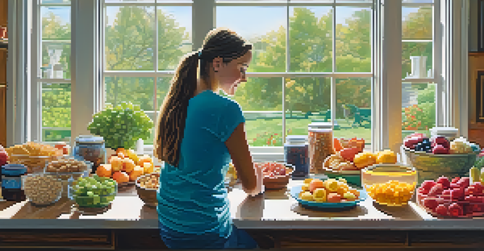 A kitchen table filled with colorful, healthy snacks and a person choosing a snack thoughtfully.