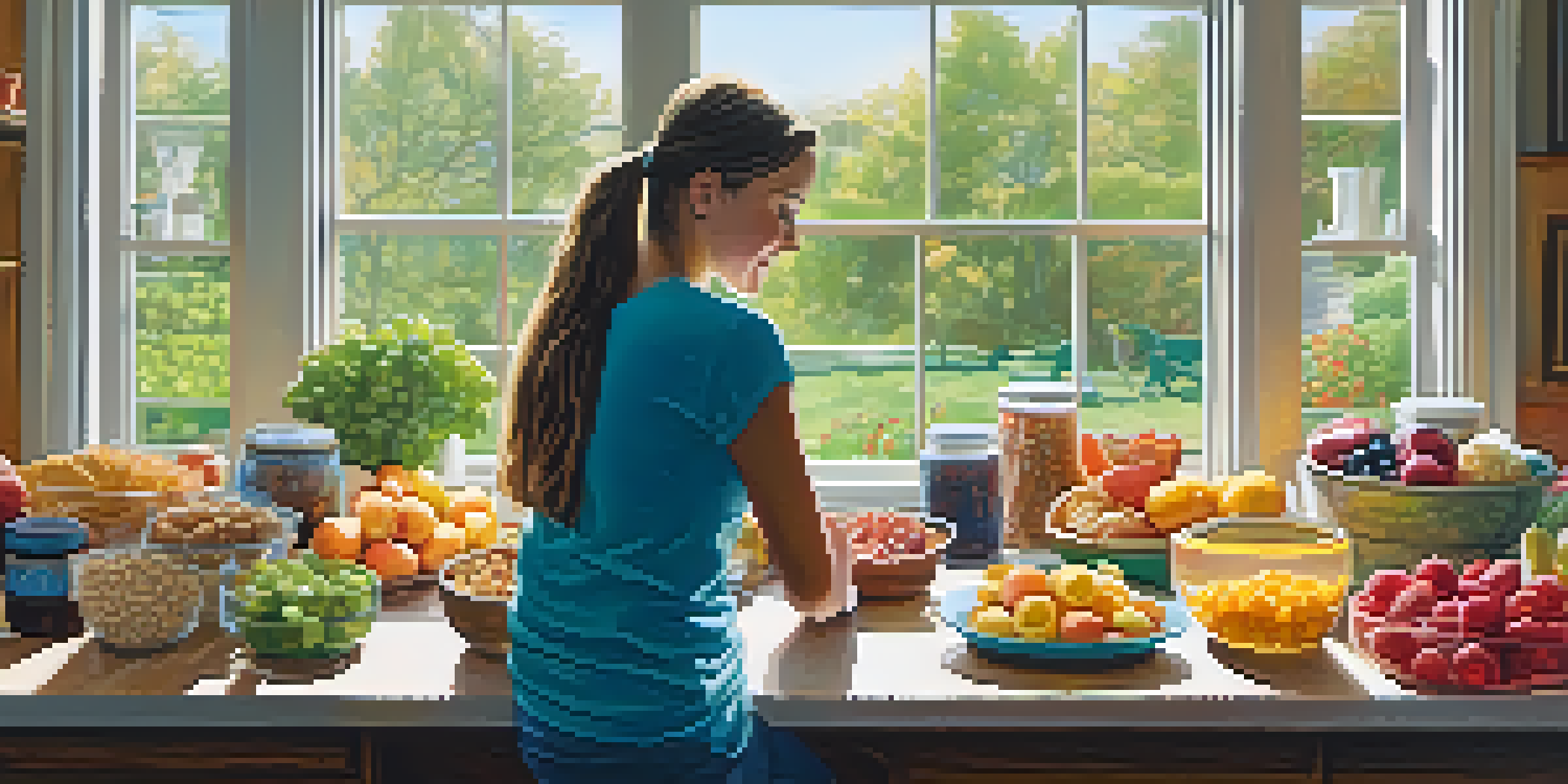 A kitchen table filled with colorful, healthy snacks and a person choosing a snack thoughtfully.