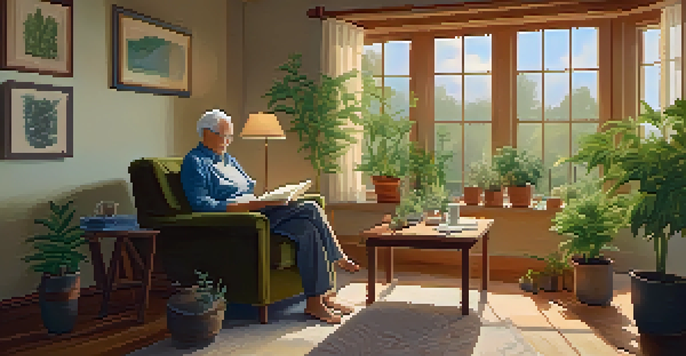 An older adult reading a book about cannabis in a warmly lit living room with plants and tea.