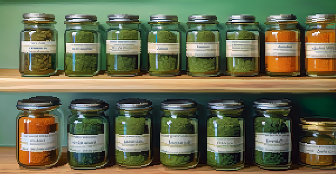 A variety of marijuana strains in glass jars on a wooden table, vividly showcasing their colors and textures.