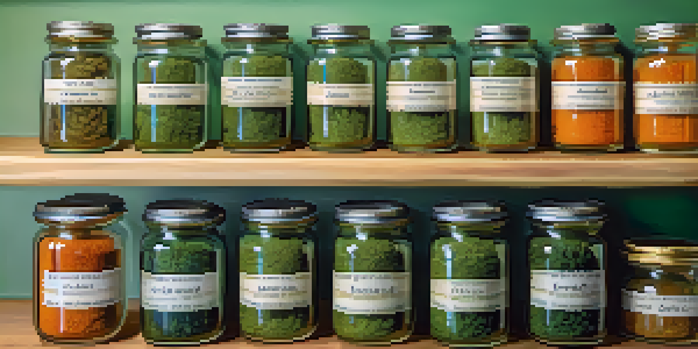 A variety of marijuana strains in glass jars on a wooden table, vividly showcasing their colors and textures.