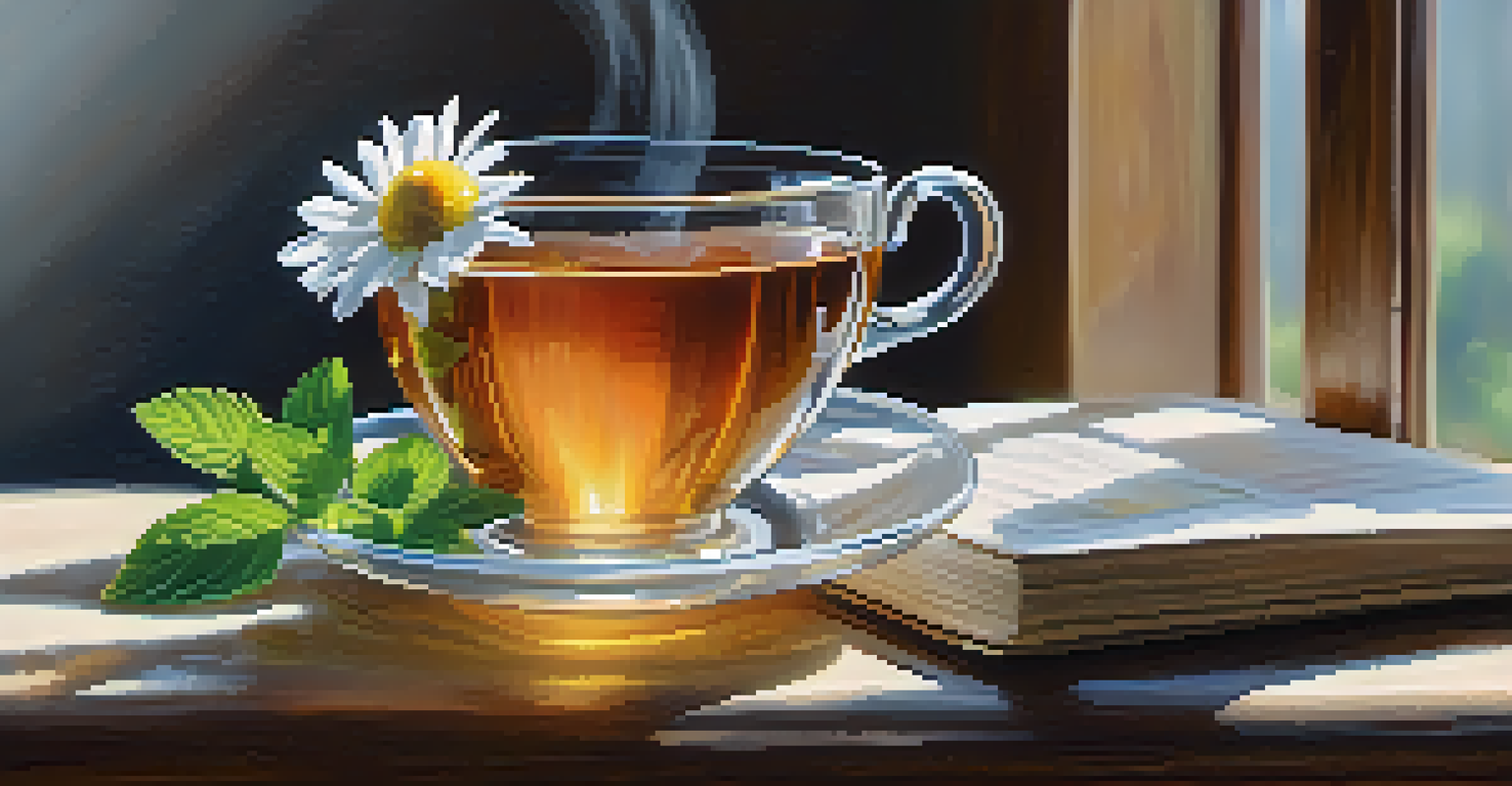 A cozy scene featuring a steaming cup of herbal tea, fresh chamomile flowers, and a stack of books on a wooden table, illuminated by soft natural light.