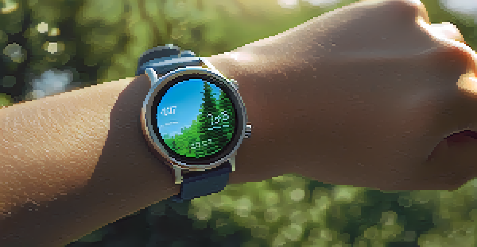 A smartwatch showing data related to marijuana consumption, worn by a person outdoors in a natural setting.